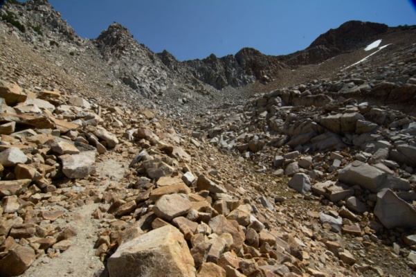 The trail up here is mostly loose rock and gravel... it's difficult to walk on red peak pass yosemite wilderness