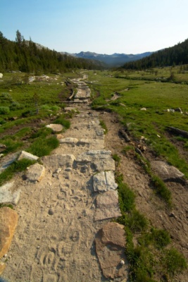The trail from Tuolumne Pass, down to Tuolumne Meadows yosemite backpacking wilderness trail