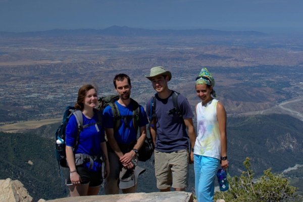 Our happy crew of backpackers mount san bernardino views