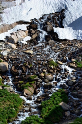 Snow melt cascades down a field of boulders sierra nevada mountains wilderness snow