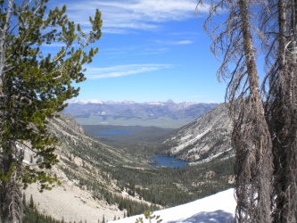 Looking back toward Farley Lake, Yellowbelly Lake, and the Salmon River; The White Cloud Mountains tower in the distance sawtooth mountains wilderness landscape