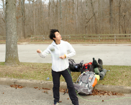 Sharon tries her hand at launching the bear bag line bear bag