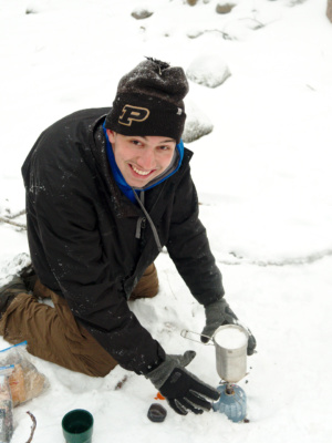 Grant joins the snow-melting party winter camping backpacking purdue outing club