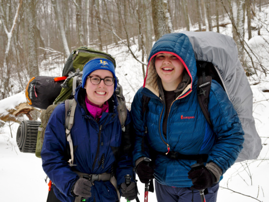 Maddie and Lipgloss in the Snow winter backpacking
