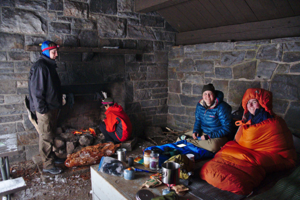 We spent the night in an AT shelter on our final night; it even had a fire place! Purdue Outing Club in an Appalation Trail shelter in Shenandoah National Park; winter backpacking