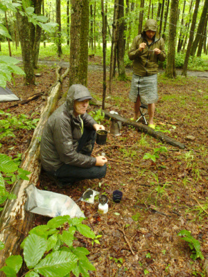 Peter and Moss enjoy their breakfasts dolly sods wilderness camping