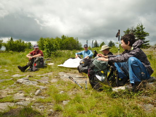 Peter, Ryan, George, and Chris enjoying a packs-off break dolly sods wilderness backpacking