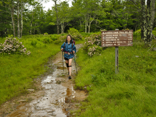 Jen treks down the "trail," i.e., stream bed. dolly sods wilderness backpacking trail