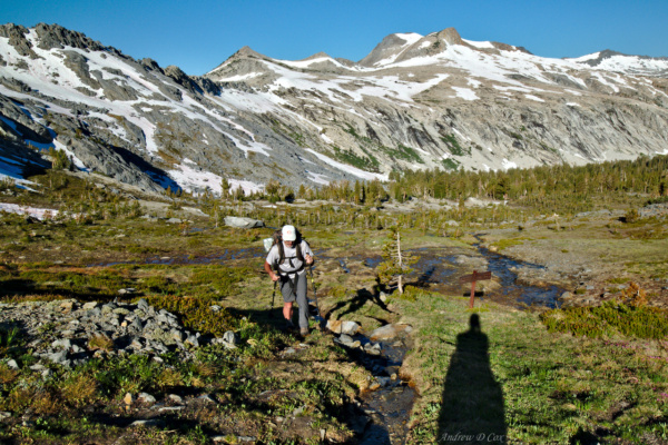 The melting snow runs down the path of least resistance: the trail trail river