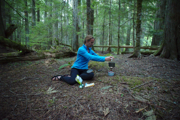 Diane cooks dinner on her stove; no fires for us! mark o hatfield wilderness backpacking camping cooking