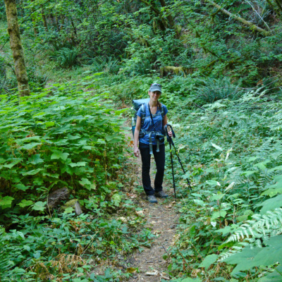 Diane poses for a shot on the trail. columbia river gorge backpacking hiking