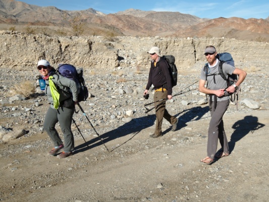 Marika, Brian, and Max hike along the Cottonwood Canyon road death valley cottonwood canyon road backpacking