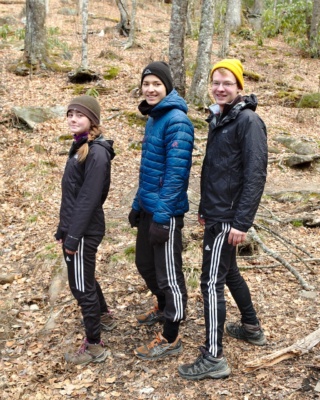 McKenzie, Tibor, and Greg model their Adidas pants smoky mountains hiking