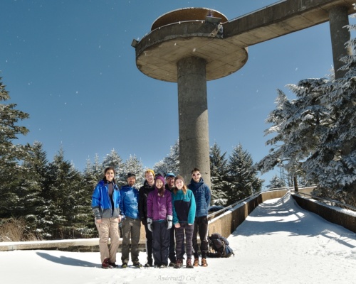 Lulu, Andrew, Greg, Yi-Chun, Ashley, McKenzie, and Tibor in front of the Clingmans Dome tower smoky mountains clingmans dome
