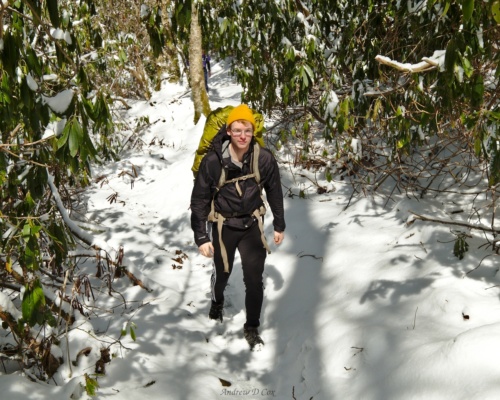 Greg on the snowy Goshen Prong Trail smoky mountains winter backpacking