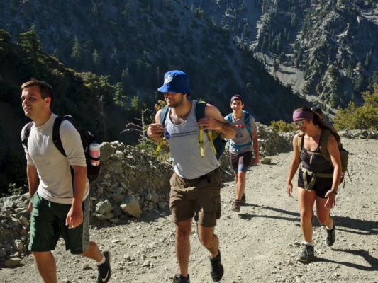 John, Sebastian, Coco, and Kim are all smiles as we begin our hike to the summit of Mt. San Antonio mount san antonio hiking