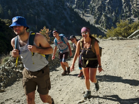 Sebastian, Coco, Amanda, and Kim on their way up the road toward Baldy Notch mount san antonio hiking
