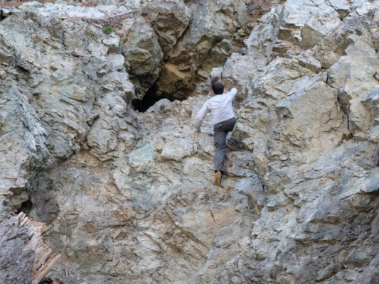I clamber up a short distance to check out a small cave - photo credit: David cucamonga climbing hiking