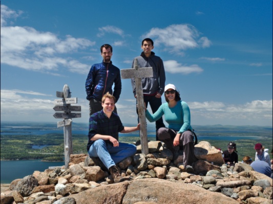 Andrew, Juan, Robert, and Kenza at the summit of Sargent Mountain: 1373' acadia day hiking sargent mountain summit