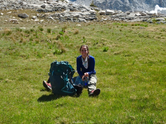 Amanda relaxes on the spongy turf sierra high route meadow