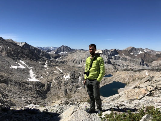 Yours truly with the Lake Basin behind me; photo credit: Amanda sierra high route lake basin
