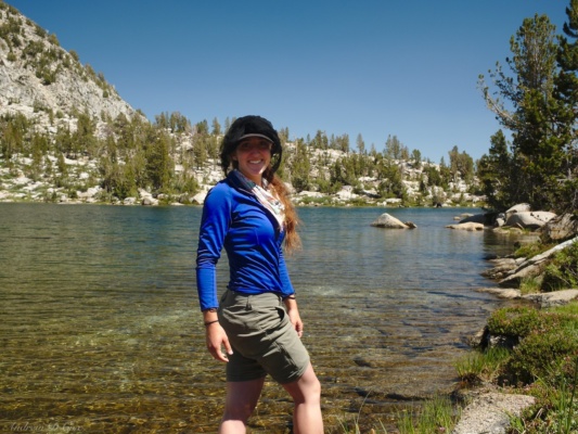 After the long, hot, uphill climb, Amanda is happy to stop at Grouse Lake sierra high route grouse lake