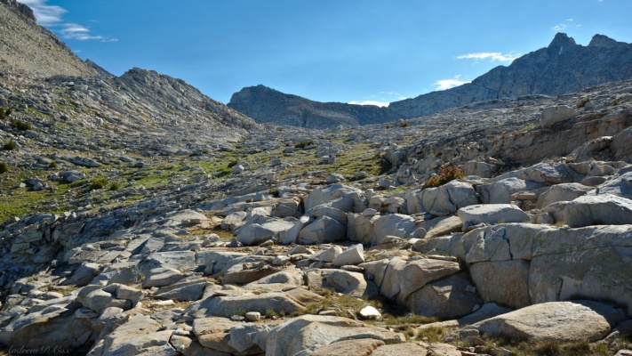 Lots of blocks and grassy slopes to navigate sierra high route