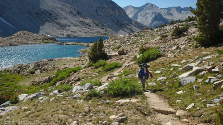 The trail winds ever upward, leaving Lake Marjorie behind sierra high route lake marjorie