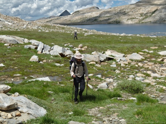 Daniel and Diane make their way through the marshy meadows above Desolation Lake humphreys basin backpacking