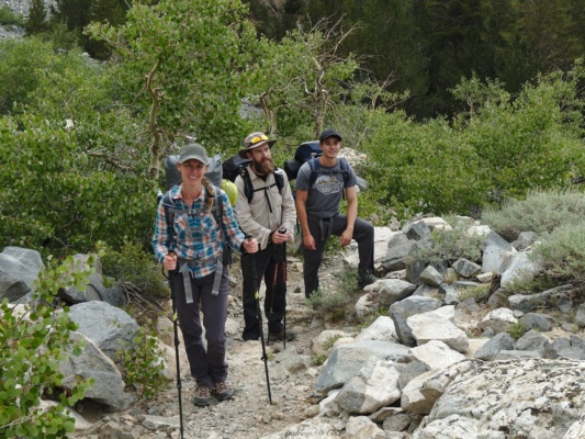Diane, Daniel, and Josh pause on the trail to Honeymoon Lake pine creek trail backpacking
