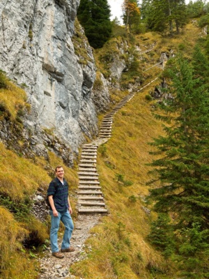 A step set of stairs/ladders ascend the cliffs to reach Kruezeck Peak kruezeck peak stairs