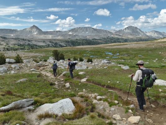 Josh, Diane, and Daniel descend from Pine Creek Pass toward French Canyon through a gorgeous alpine landscape pine creek pass