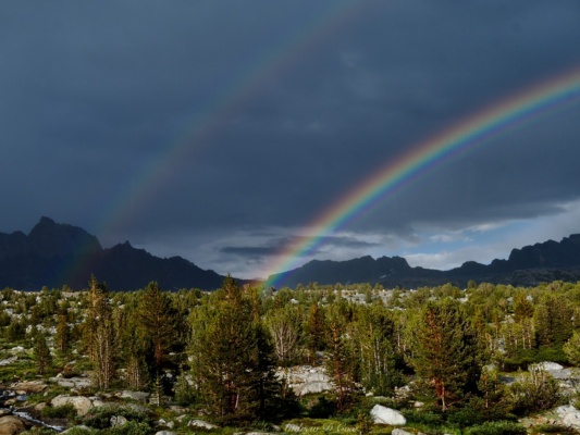 One of the most amazing rainbows I've ever seen; the outer 'bow has the colors reversed, and the inner 'bow has supernumerary bands humphreys basin rainbow