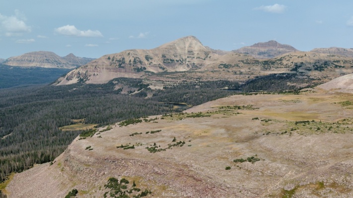 The highline trail, visible in the bottom right, drops to lower elevations, leaving vast swaths of the wilderness unvisited uinta mountains plateau vista