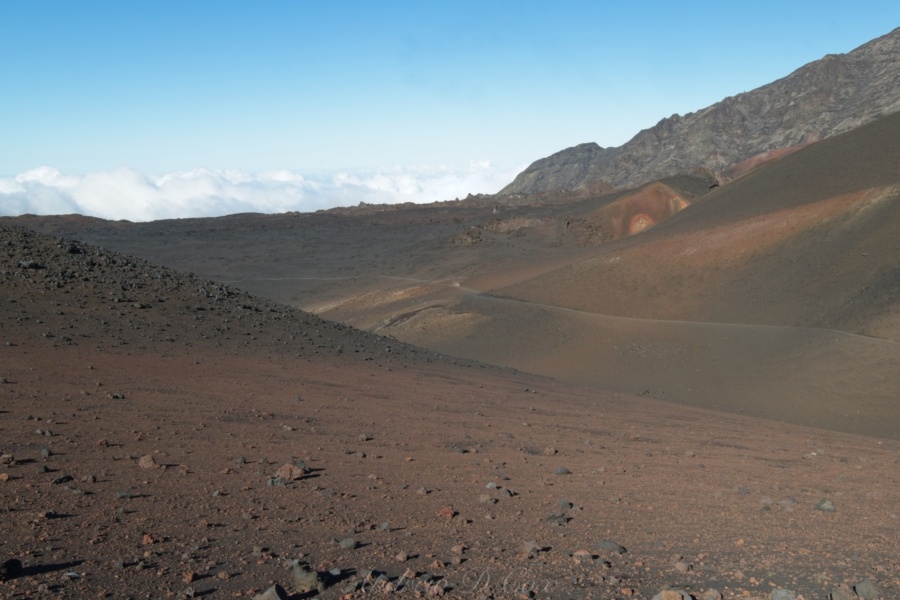 Another incredible view of the colorful sands, and beyond: nothing but sky. haleakala valley clouds trail