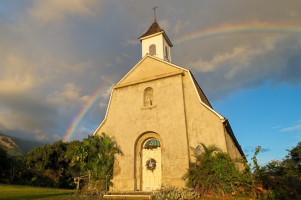 We finally find a nice spot to pull over and admire the rainbow; as an added bonus, there's a cool old church! road to hana rainbow church