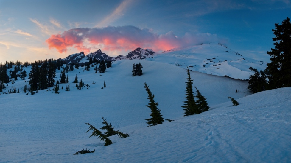 Cotton-candy clouds over Mount Baker, Colfax Peak, and Lincoln Peak mount baker sunset