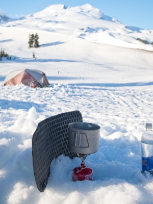 My stove, sheltered from the evening wind, with Mount Baker in the background mount baker camping