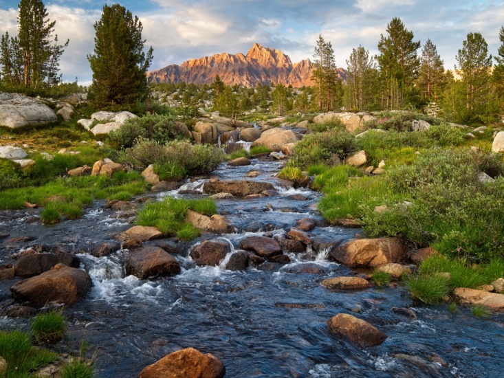 After a terrifying afternoon thunderstorm, the overcast skies give way to cotton ball clouds and the sun comes out, casting its warm evening rays across the landscape. sierra nevada mount humphreys