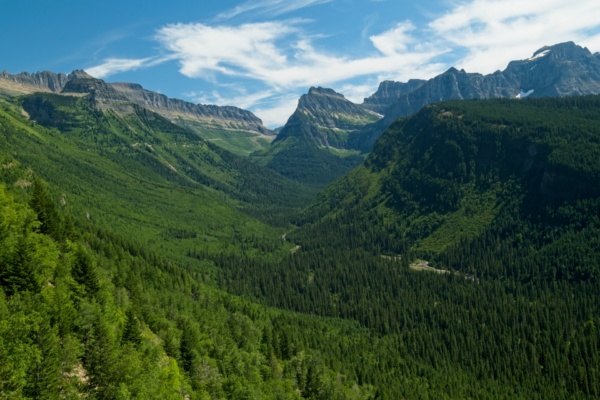 A look west toward Logan Pass, with the Going to the Sun road cutting across the slopes glacier national park