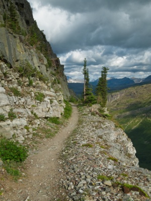It's a cool morning beneath overcast skies with a stiff breeze blowing up the valley glacier national park highline trail