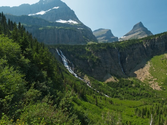 Paiota Falls (left) and Atsina Falls (right) feed into the valley above Atsina Lake glacier national park