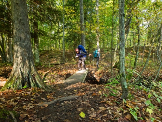 Kenza dabs on a footbridge manistee river trail
