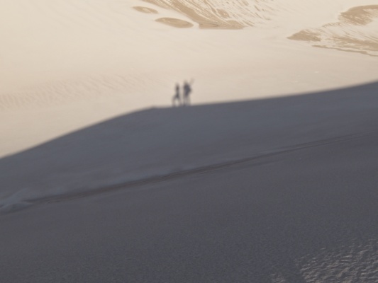 The setting sun casts long shadows across the sand