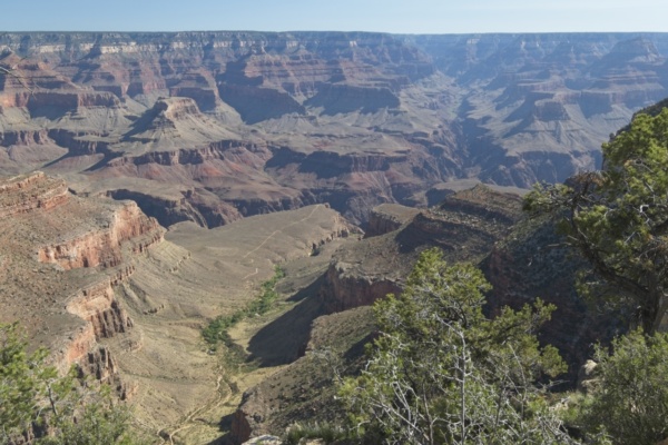 The Bright Angel Trail winds through a small oasis out to a viewpoint above the Colorado River