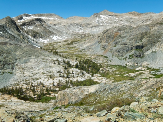 A beautiful view of Bench Canyon from the rocky slopes above sierra high route bench canyon