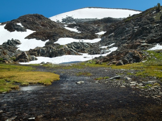 After considerable doubt while contouring across the ridge, I'm sure I'm on the right track when I find this alpine meadow sierra high route cross country