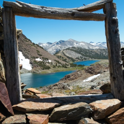 Looking down at two of the Gaylor Lakes from an old mining cabin sierra high route miner cabin