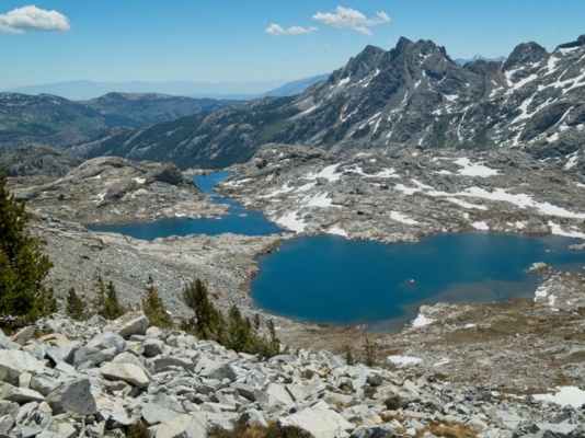 I'm afforded an excellent view of Nydiver Lakes from Whitebark Pass sierra high route nydiver lakes