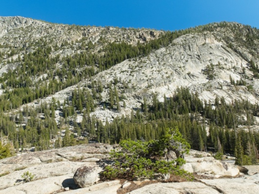 A fortuitous ramp along the steep granite cliffs allows relatively easy passage yosemite granite ramp